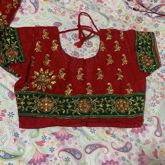 Red net saree with beautiful green work on it - Picture 2 of 2